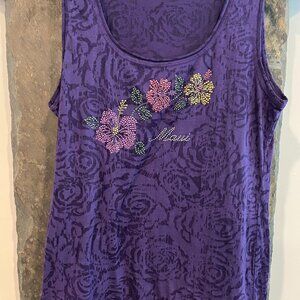 Sheer Purple Maui Beaded Floral Design Top, Large 12/14